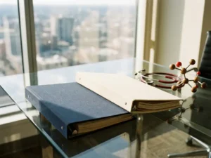 Japanese and American pharmaceutical regulatory dossier binders on a glass desk beside a stethoscope and molecular model in a modern office.