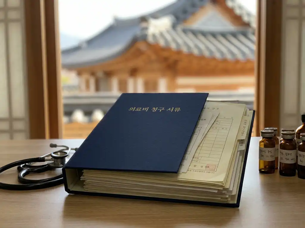 Open Korean medical reimbursement folder on a clinical desk beside a stethoscope and pharmaceutical vials, soft navy and ivory tones.