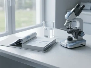 Laboratory microscope next to open compliance binder with scientific charts, glass beaker with clear solution on white bench