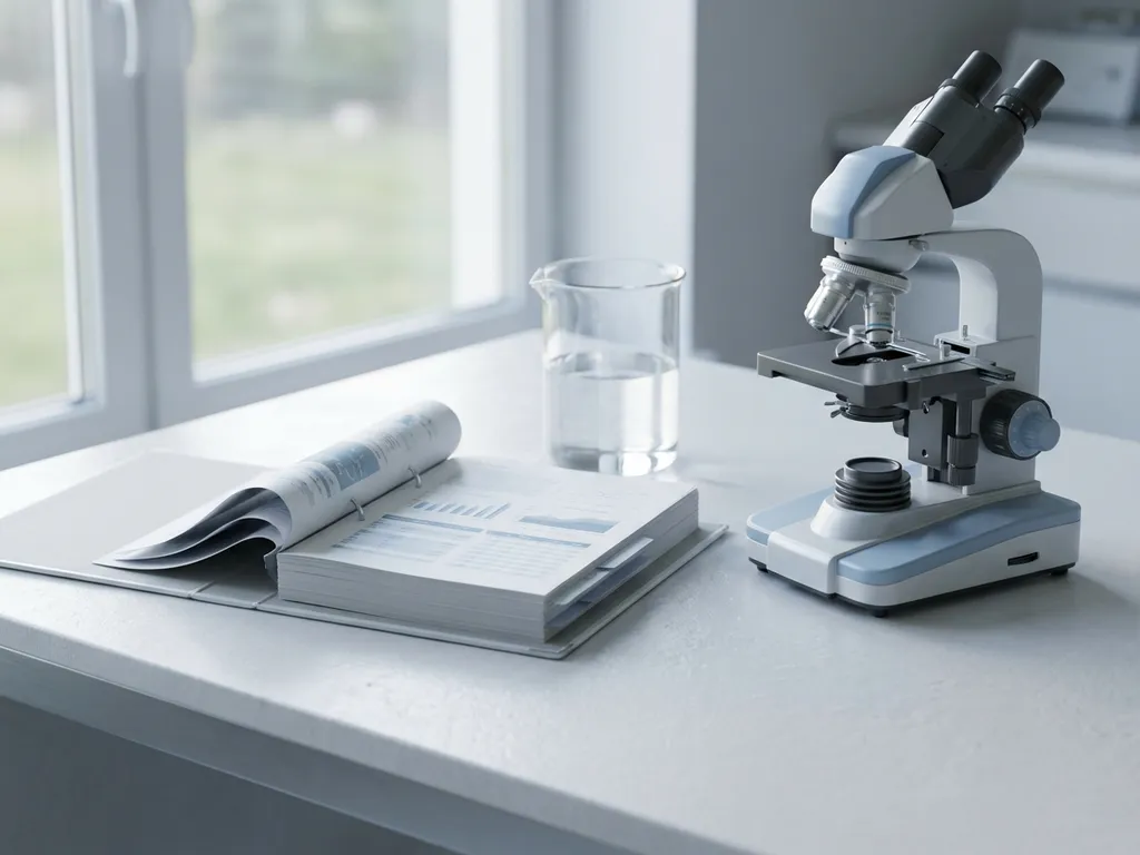 Laboratory microscope next to open compliance binder with scientific charts, glass beaker with clear solution on white bench