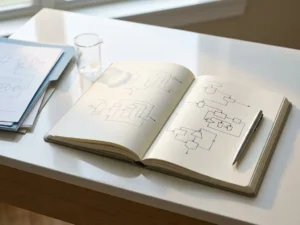 Open laboratory notebook with scientific diagrams and regulatory flowcharts on white desk, silver pen and glass beaker nearby