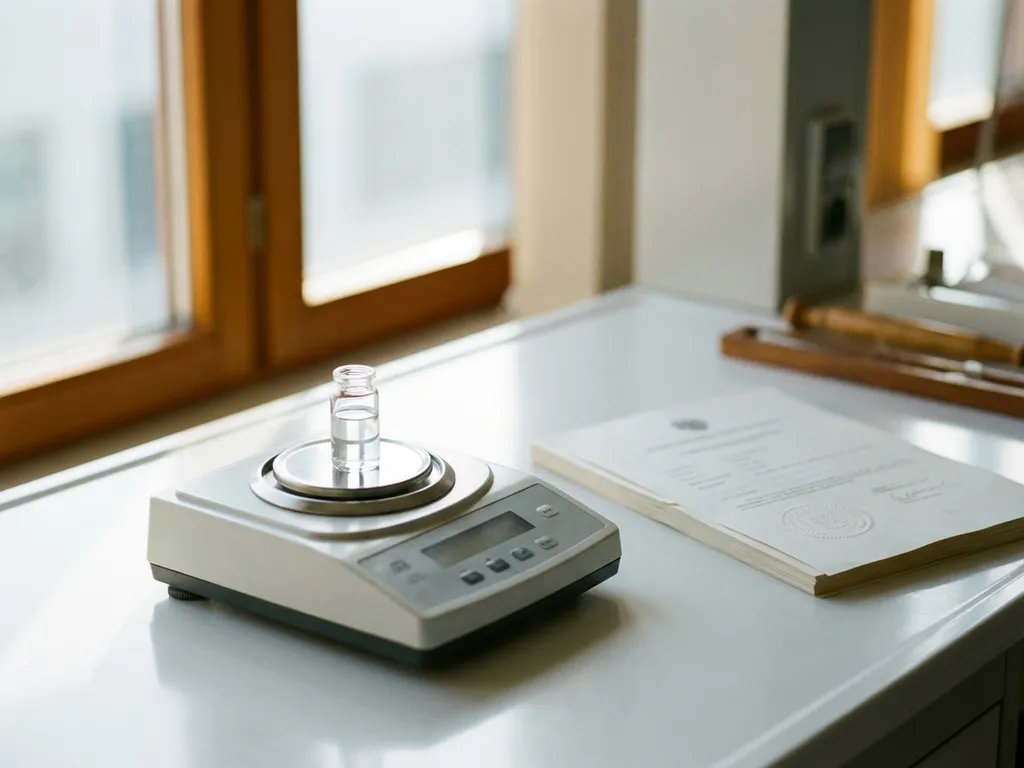 Laboratory scale with glass vial of clear liquid beside official regulatory document on white bench in natural light
