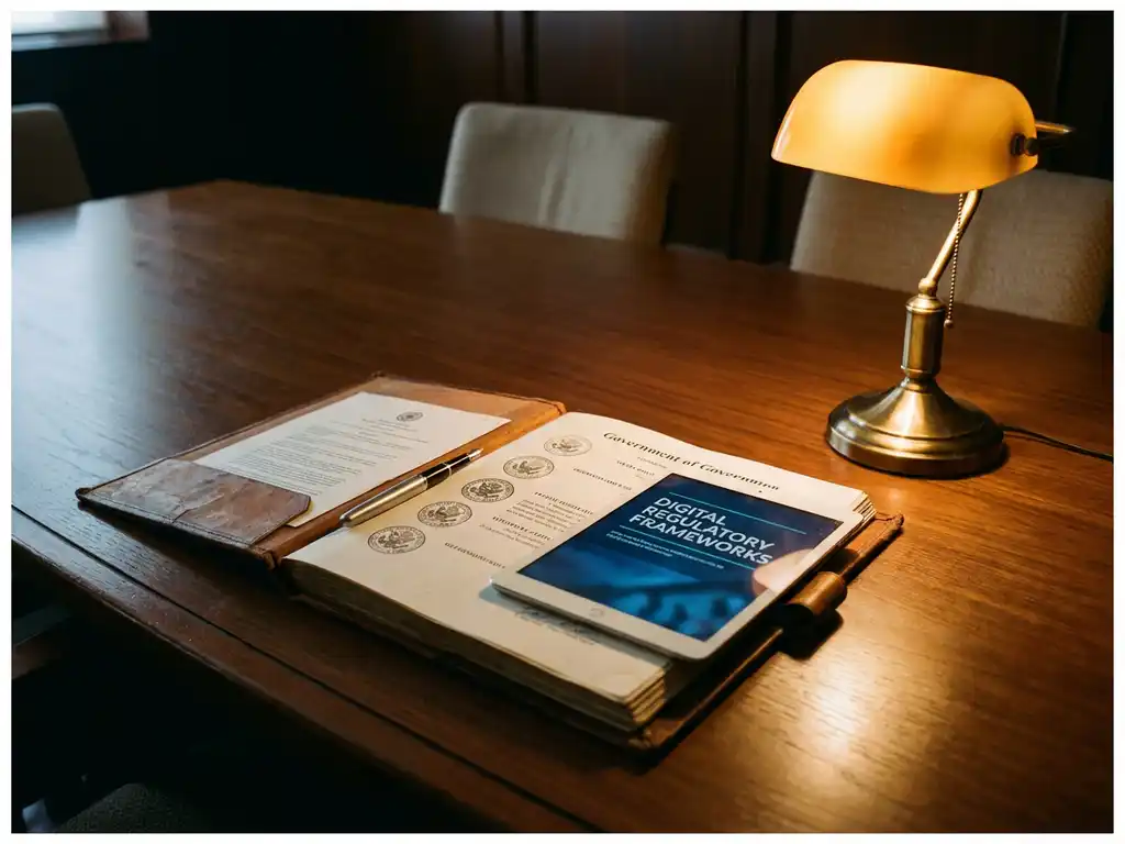 Legal document with government seals on mahogany table beside modern tablet and fountain pen in professional boardroom