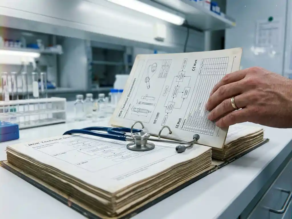 Open MDR Technical Documentation binder with medical device schematics on white laboratory desk, stethoscope draped across pages, hands turning compliance charts in clinical setting