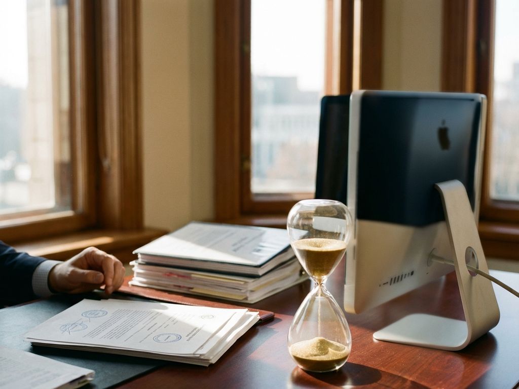 Hourglass with falling sand on mahogany desk beside cardiac monitor and regulatory documents in sunlit office