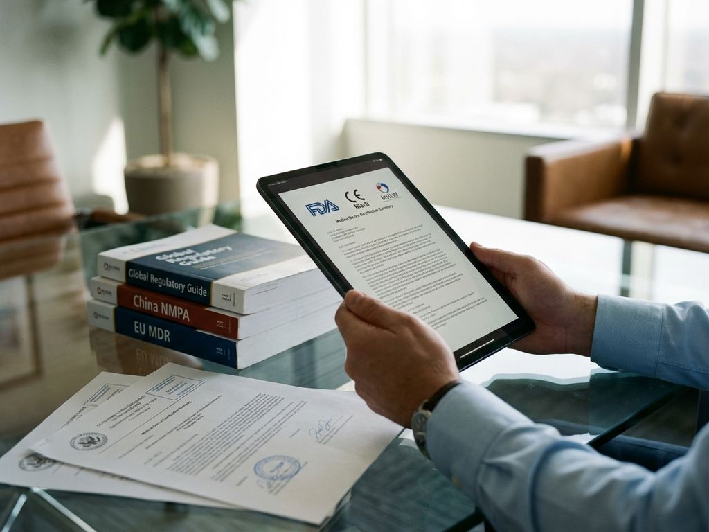 Professional hands holding tablet displaying medical device certification documents on glass desk with regulatory guidebooks