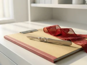 Surgical instrument resting on a regulatory dossier folder with a red Chinese silk ribbon, symbolizing medical device approval in China.