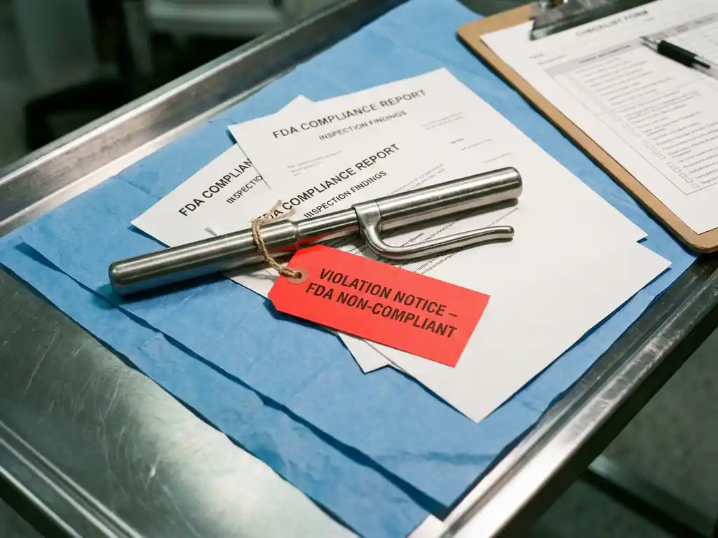 Medical device with red FDA violation notice tag on examination table surrounded by compliance documents and inspection checklist