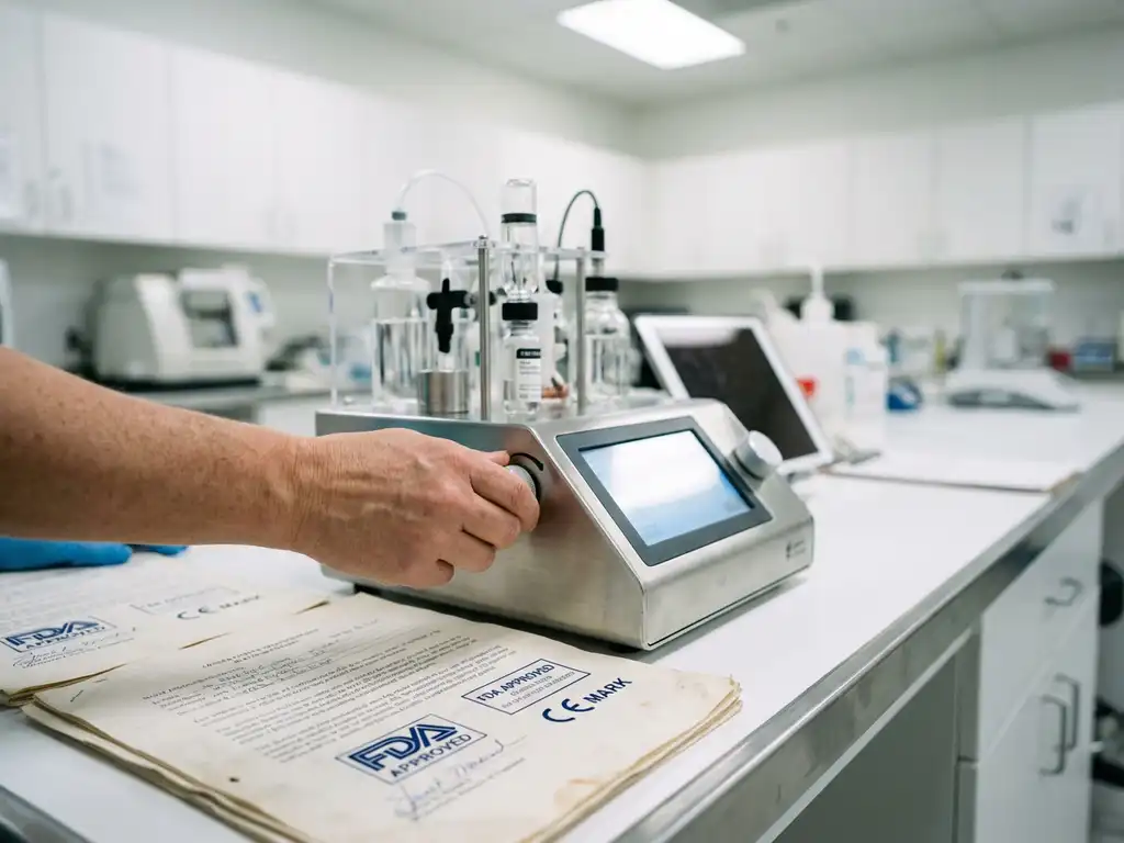 Scientist adjusting calibration settings on advanced medical monitoring device with regulatory compliance documents on laboratory workbench
