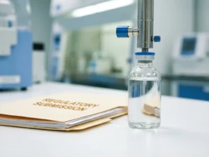 Medical device component integrated with pharmaceutical vial on laboratory surface next to open regulatory document folder
