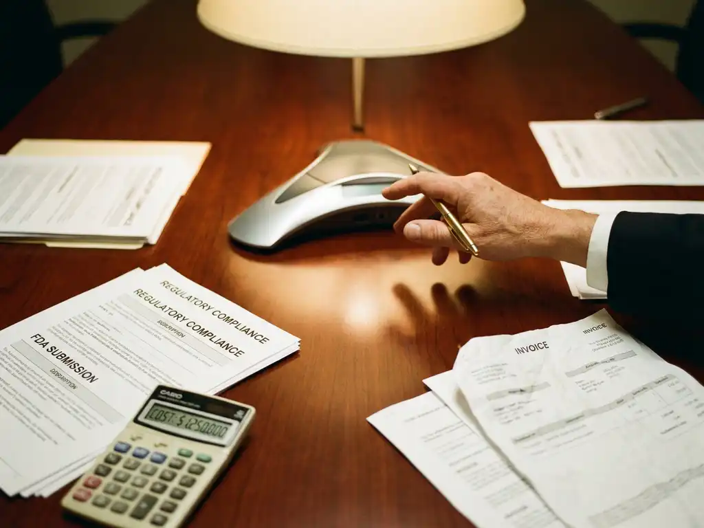 Medical device prototype on conference table with regulatory compliance documents, calculator, and businessman's hand reaching toward device with pen.