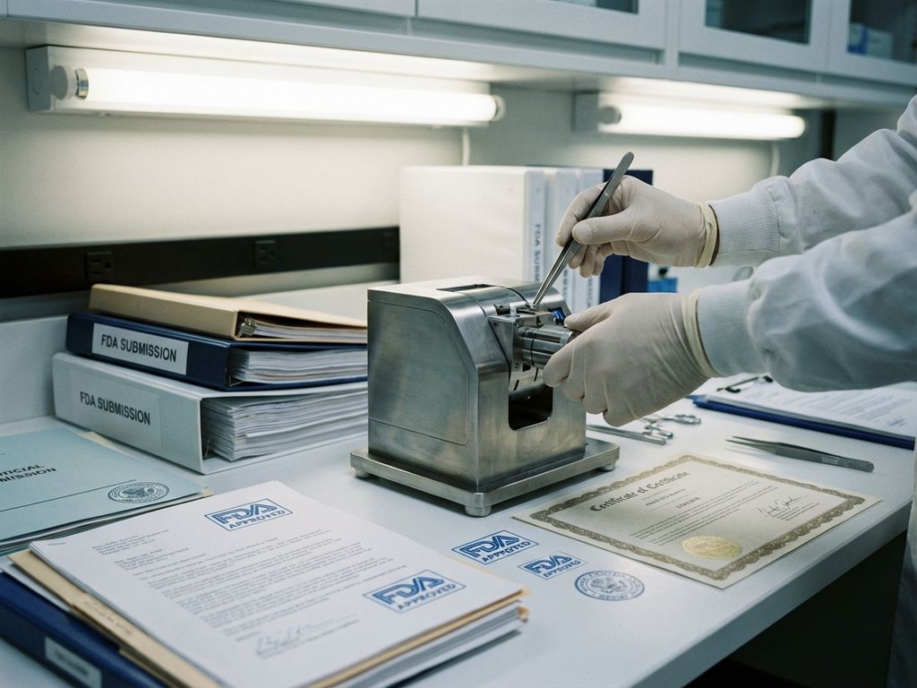 Medical device prototype on laboratory workbench with FDA approval documents and scientist adjusting equipment with precision tools.