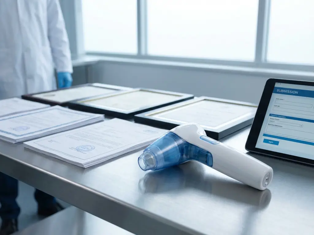 Medical device prototype on laboratory bench with regulatory documents and compliance certificates, digital tablet showing submission forms in clinical environment