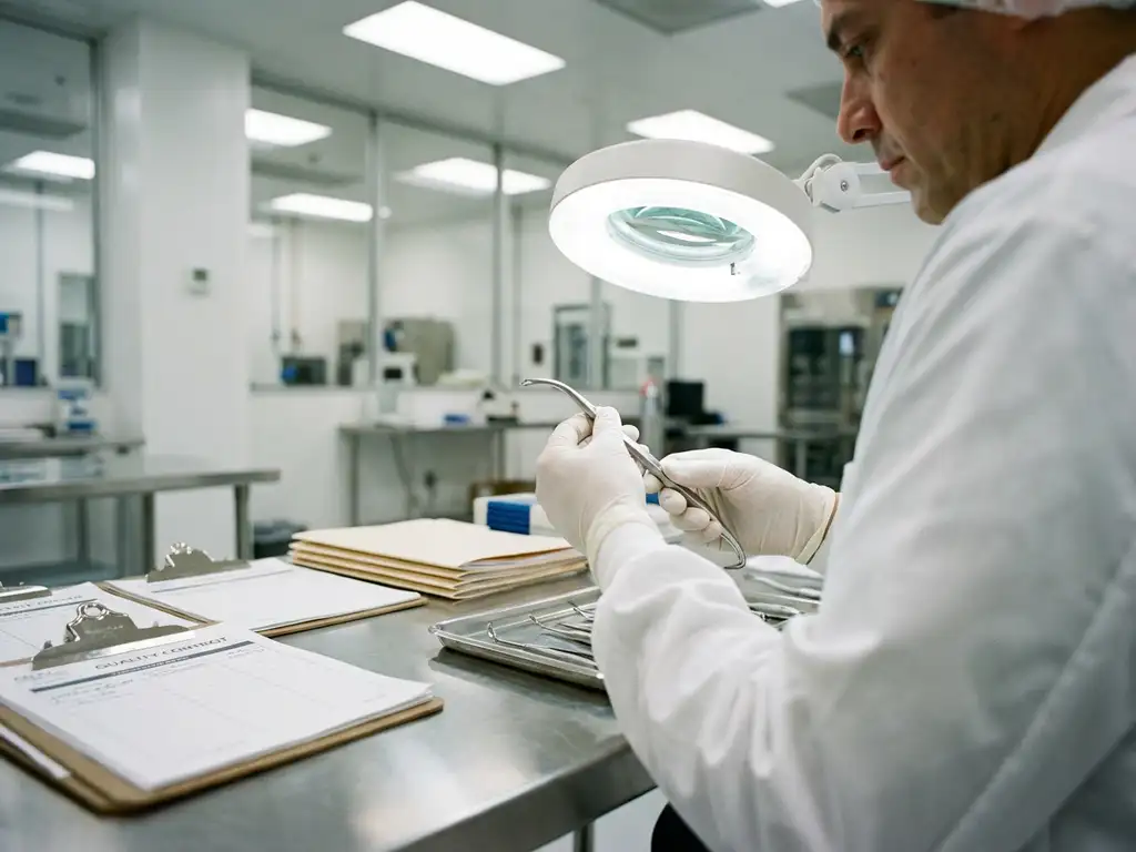 Quality control inspector in white lab coat examining surgical instrument with magnifying glass in sterile medical facility.