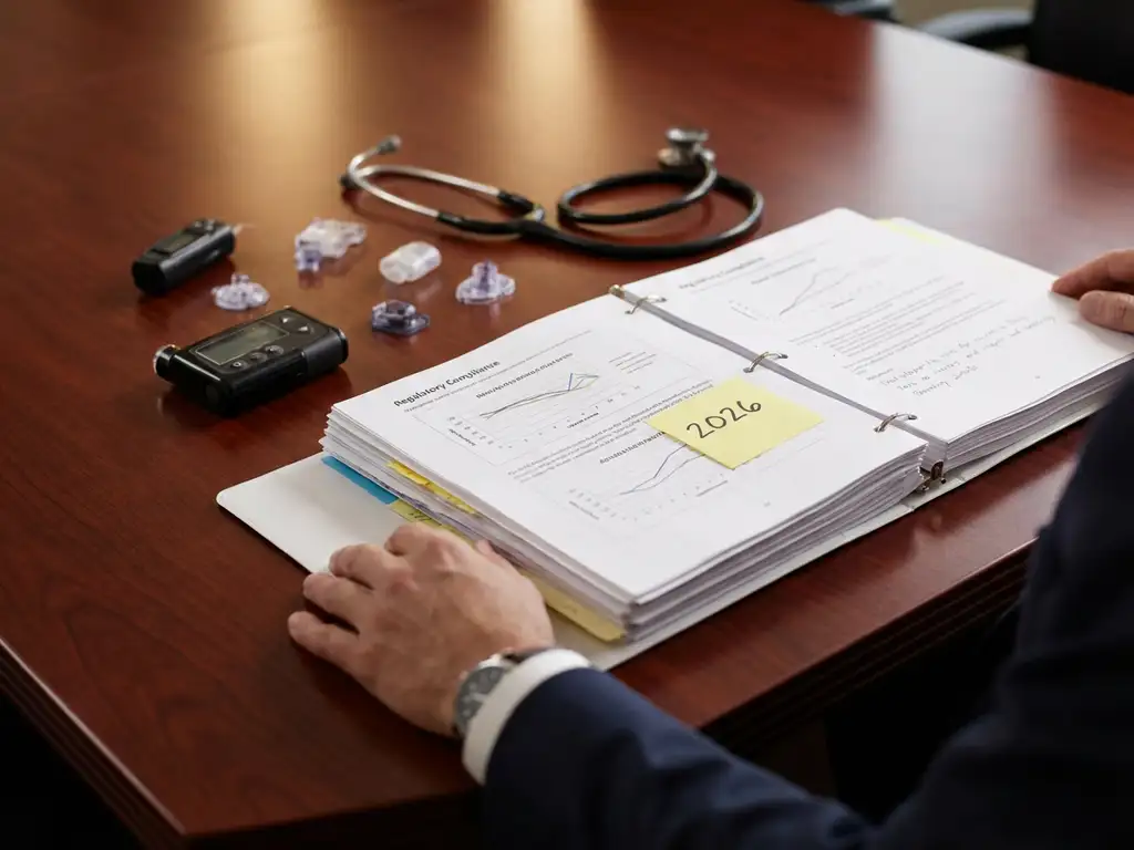 Businessman pointing to 2026 timeline in open regulatory compliance binder with medical device prototypes on conference table
