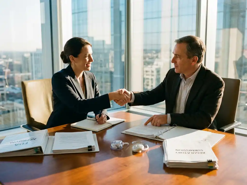 Professional businesswoman and regulatory consultant reviewing FDA medical device approval documents at conference table