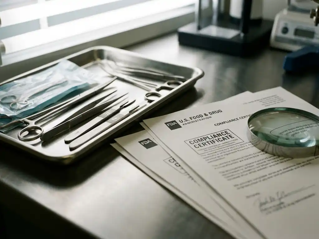 Medical devices and surgical instruments on laboratory workbench with FDA compliance documentation and certificates