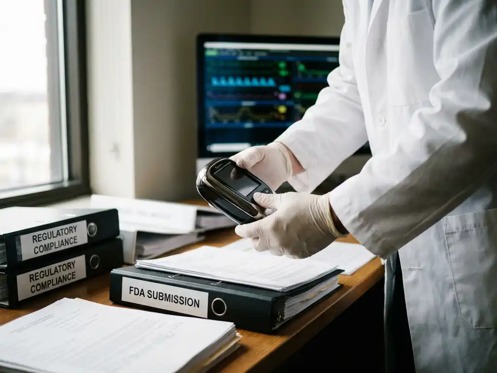 Medical device specialist in lab coat examining monitoring equipment at desk with regulatory documents and data charts
