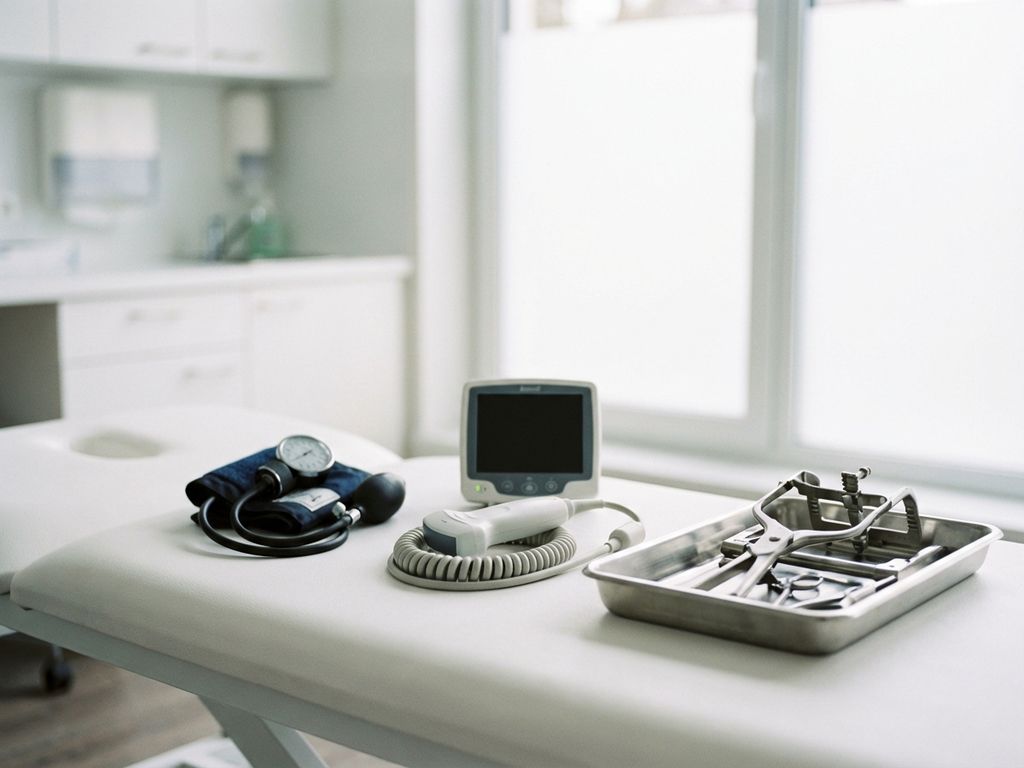 Three medical devices on examination table: blood pressure cuff, ultrasound probe, and surgical instrument in sterile clinic.