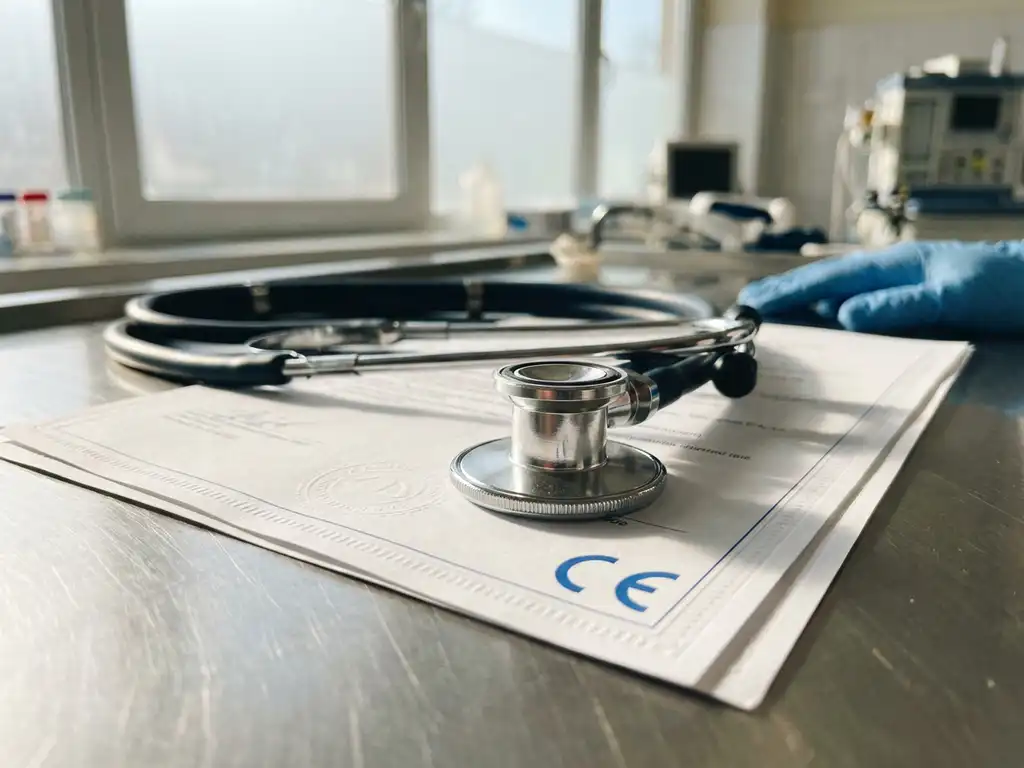 Stethoscope on European CE marking regulatory documents in modern clinical workspace with steel surfaces