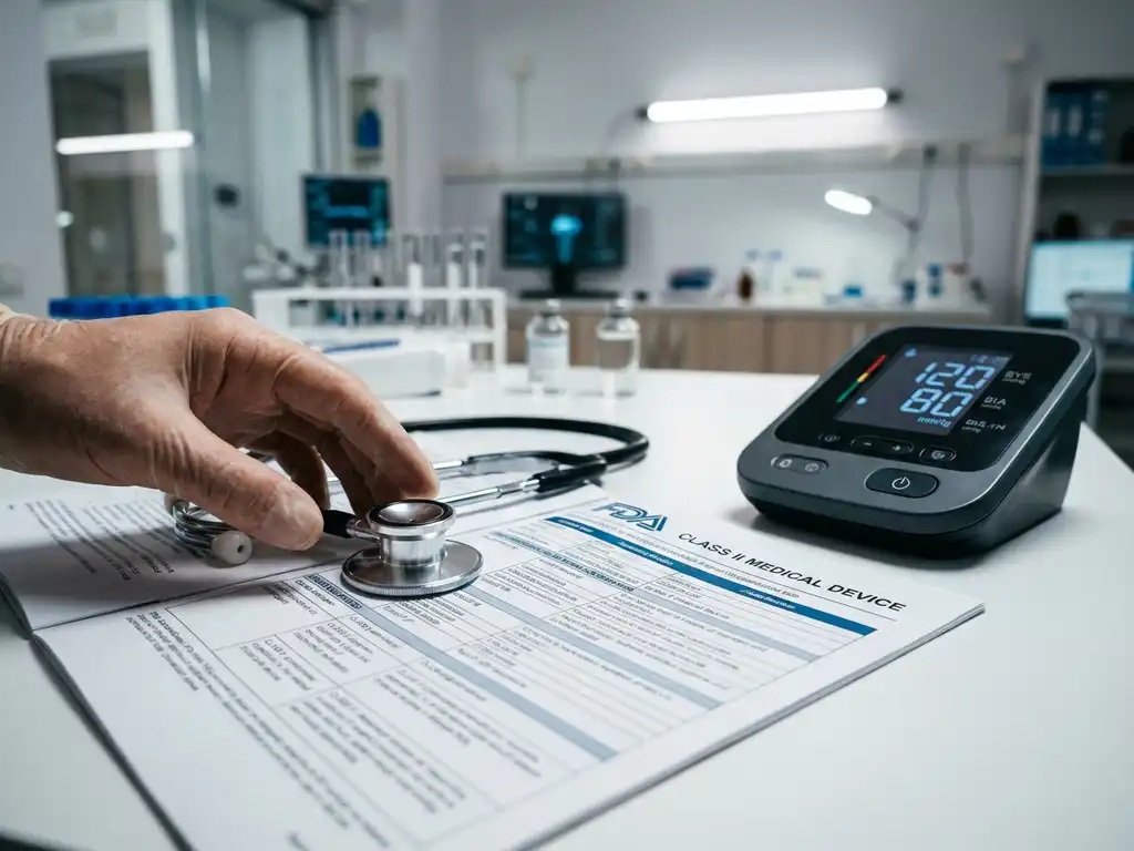 Stethoscope on FDA medical device classification document with digital blood pressure monitor on laboratory table