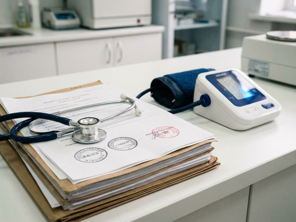 Medical stethoscope and digital blood pressure monitor on official regulatory documents with stamps and seals