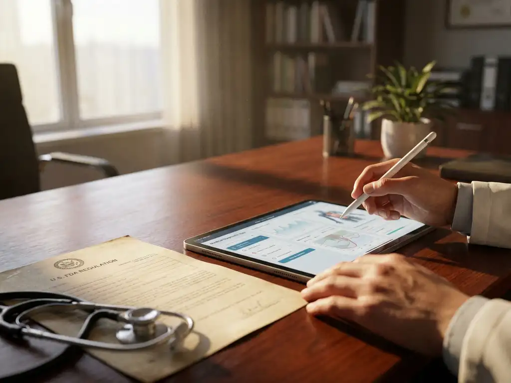 Medical tablet displaying diagnostic interface on desk with FDA document and stethoscope, hands holding stylus