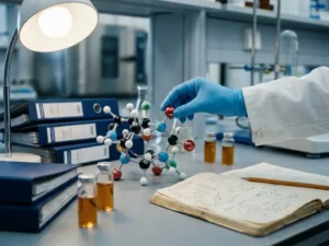 Researcher's hand completing a molecular model on a lab bench surrounded by clinical trial documents, glass vials, and an open scientific notebook.