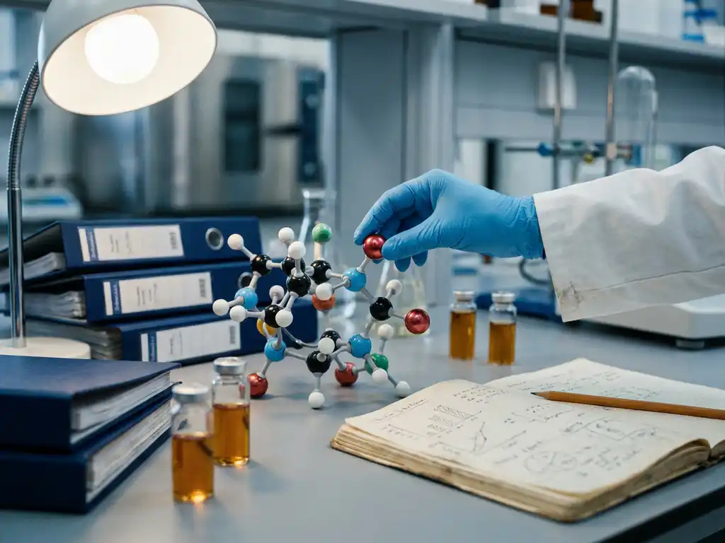 Researcher's hand completing a molecular model on a lab bench surrounded by clinical trial documents, glass vials, and an open scientific notebook.