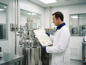 Pharmaceutical quality inspector holding a certification document beside a stainless steel manufacturing vessel in a sterile cleanroom.