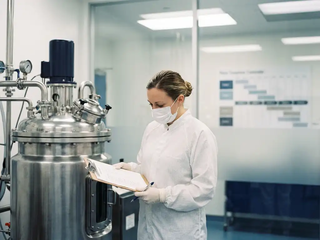 Quality manager reviewing compliance checklist on clipboard beside stainless steel bioreactors in a sterile pharmaceutical cleanroom facility.