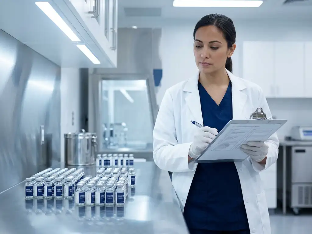 Pharmaceutical quality manager reviewing audit checklist on clipboard beside labeled sample vials in a sterile lab.