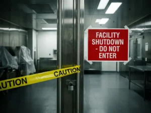 Locked stainless steel cleanroom door with red facility shutdown notice and yellow caution tape in a sterile pharmaceutical manufacturing environment.