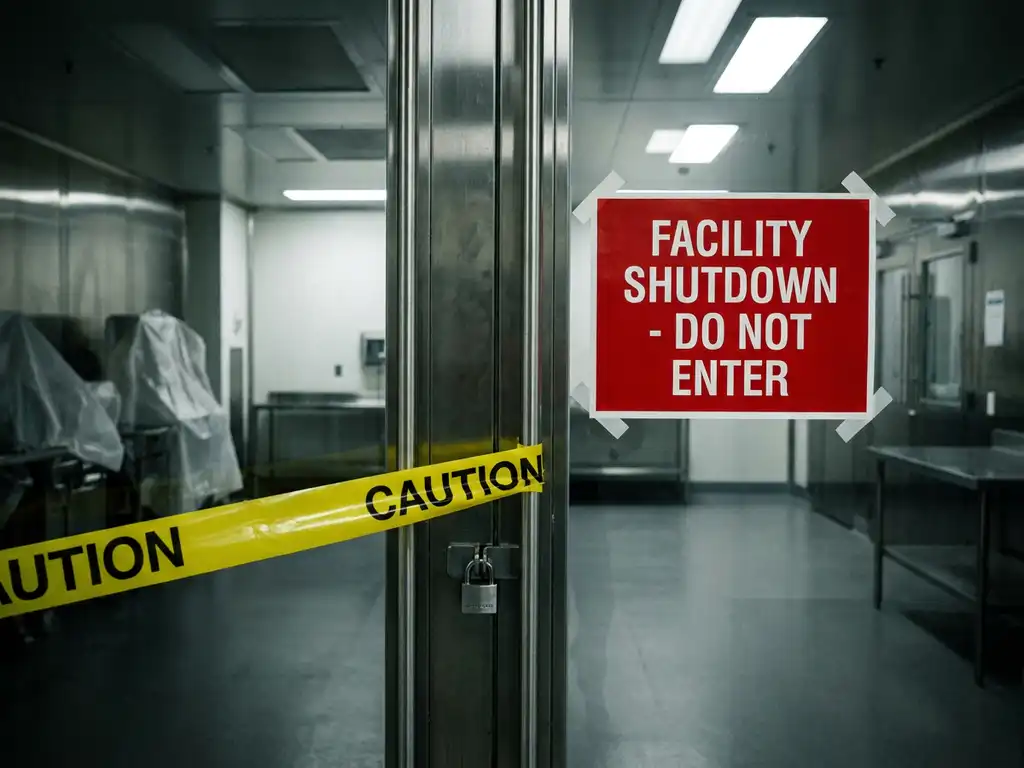 Locked stainless steel cleanroom door with red facility shutdown notice and yellow caution tape in a sterile pharmaceutical manufacturing environment.
