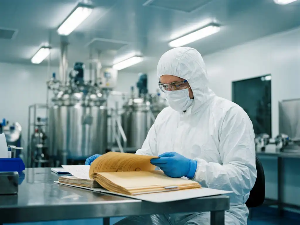 Scientist in white protective gown reviewing a batch record binder inside a pharmaceutical cleanroom with stainless steel equipment.