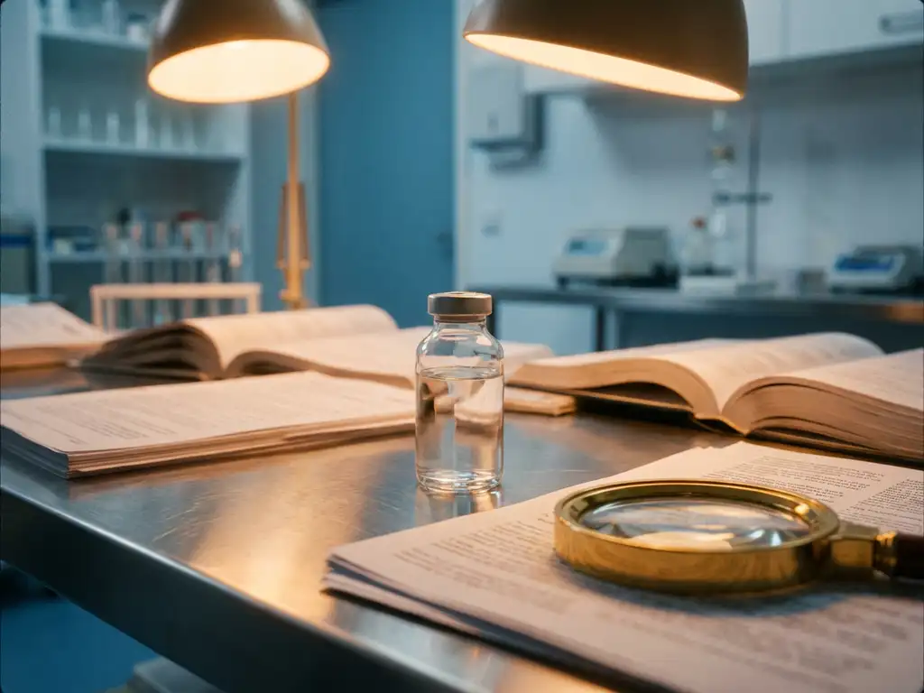Glass vial with clear liquid on laboratory bench surrounded by regulatory documents, compliance binders, and magnifying glass in sterile pharmaceutical environment