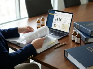 Compliance specialist cross-referencing a regulatory dossier with a digital dashboard, surrounded by pharmaceutical vials and binders on a conference table.