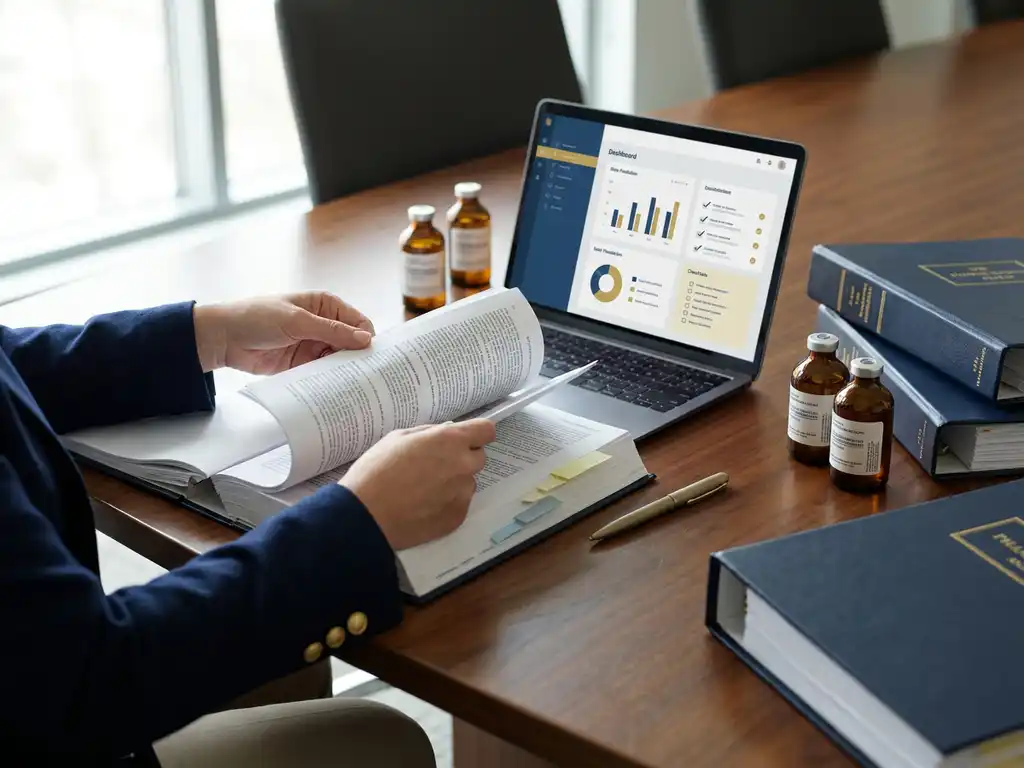 Compliance specialist cross-referencing a regulatory dossier with a digital dashboard, surrounded by pharmaceutical vials and binders on a conference table.
