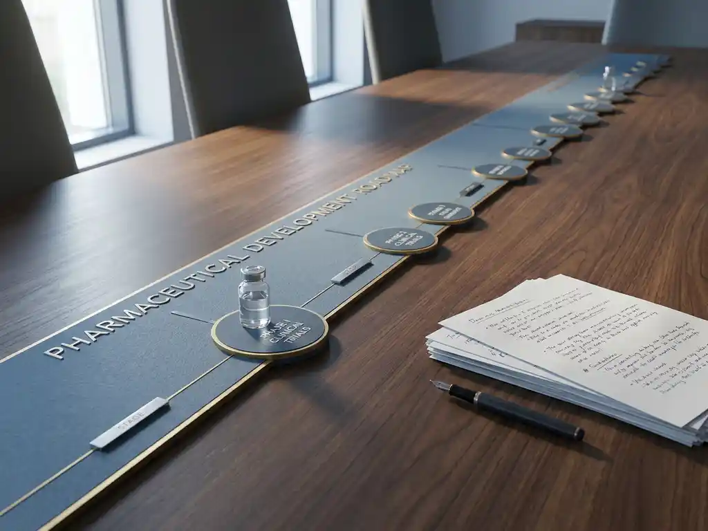 Pharmaceutical development roadmap on a conference table with a glass vial resting on clinical phase documents beside a fountain pen.