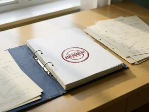 Open pharmaceutical dossier binder on a clinical desk with a red amendment stamp pressed onto a document, surrounded by fanned revised submission pages.