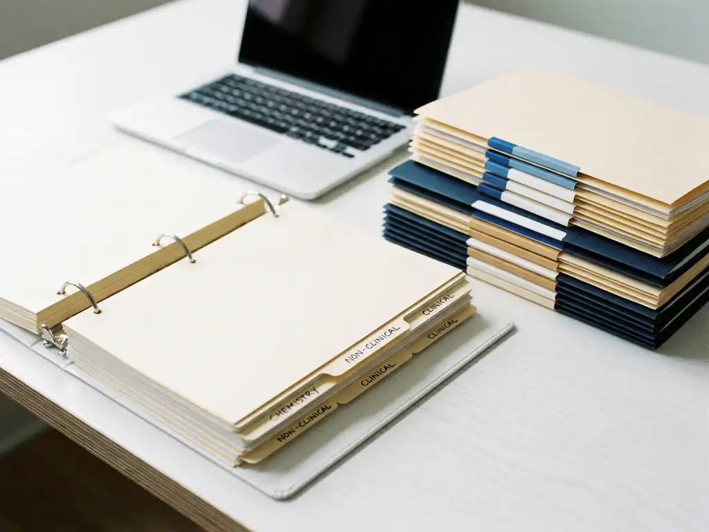 Open pharmaceutical regulatory dossier binder on a white desk beside color-coded document folders, with a laptop visible in the background.