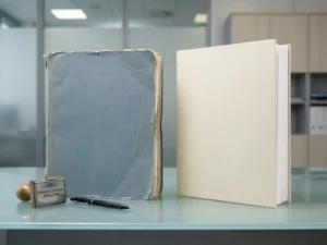 Two pharmaceutical dossiers on a glass desk, one aged and worn, one freshly printed, with a regulatory stamp and pen between them.