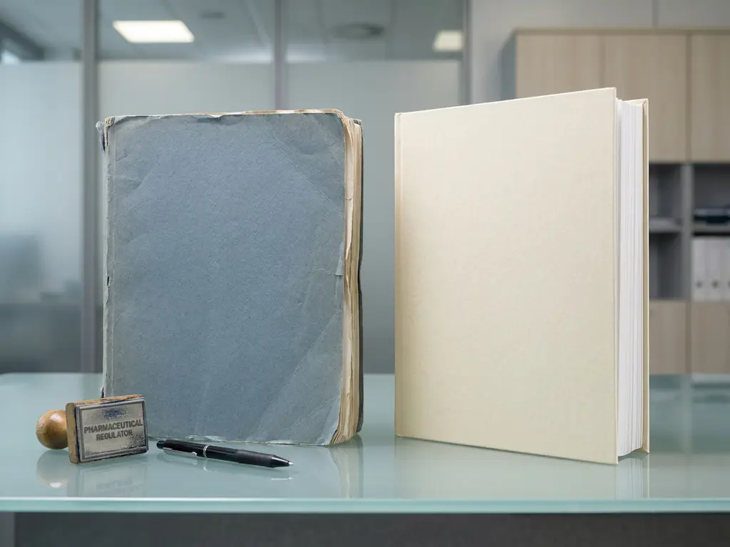 Two pharmaceutical dossiers on a glass desk, one aged and worn, one freshly printed, with a regulatory stamp and pen between them.