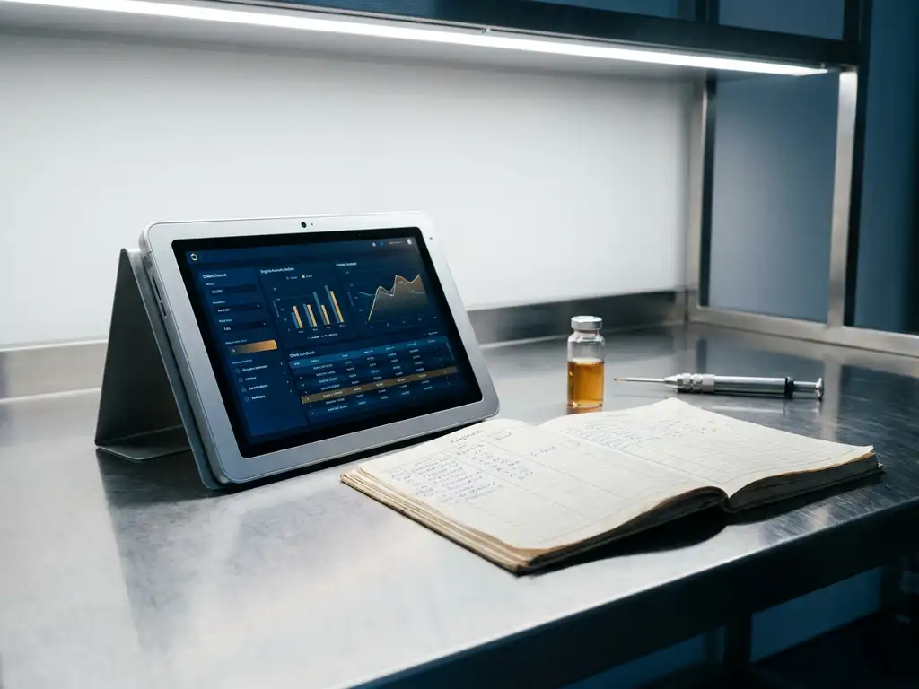 Pharmaceutical lab tablet showing digital batch records beside a paper logbook on stainless steel, with a glass vial and calibration tool nearby.