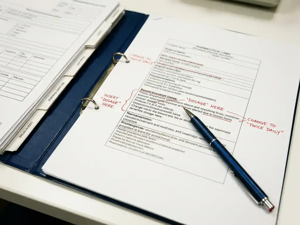 Pharmaceutical labelling document with red-line revision markings on a white desk, open regulatory binder and pen mid-annotation, soft overhead lighting.