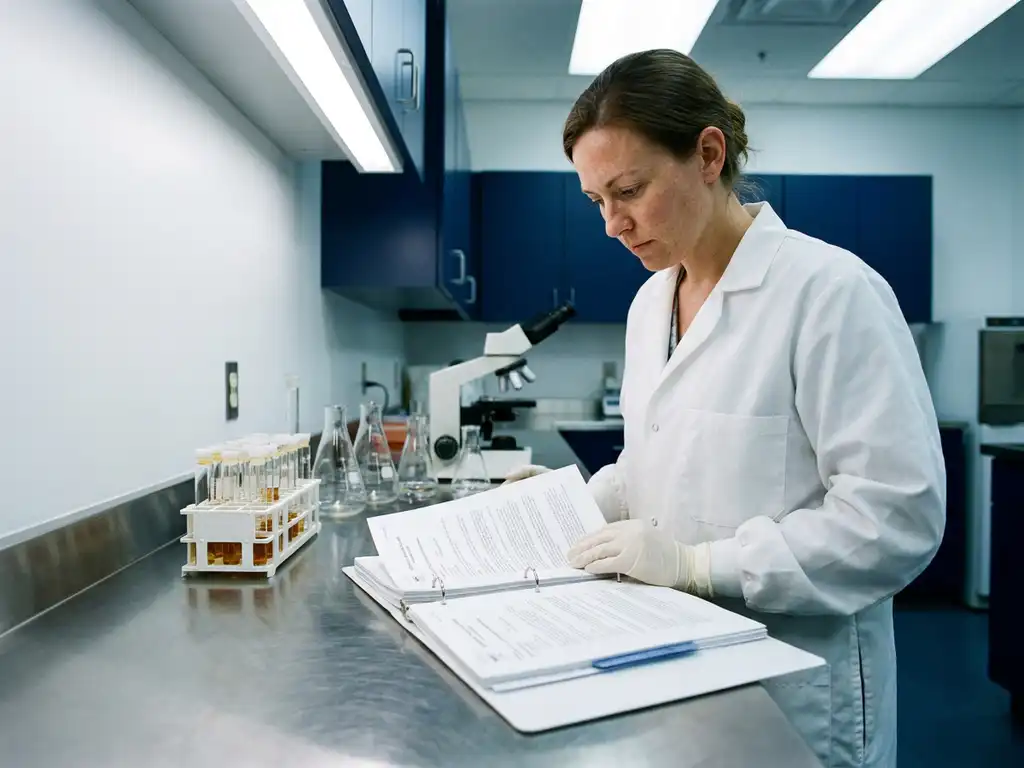 Pharmaceutical quality control technician reviewing compliance documentation binders on a lab bench with sample vials and glassware nearby.