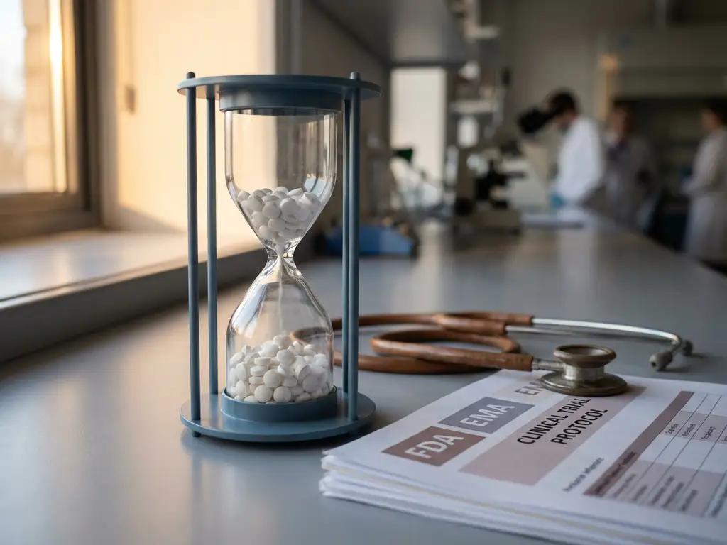 Glass hourglass filled with white pharmaceutical tablets flowing between chambers on laboratory bench with regulatory documents and stethoscope