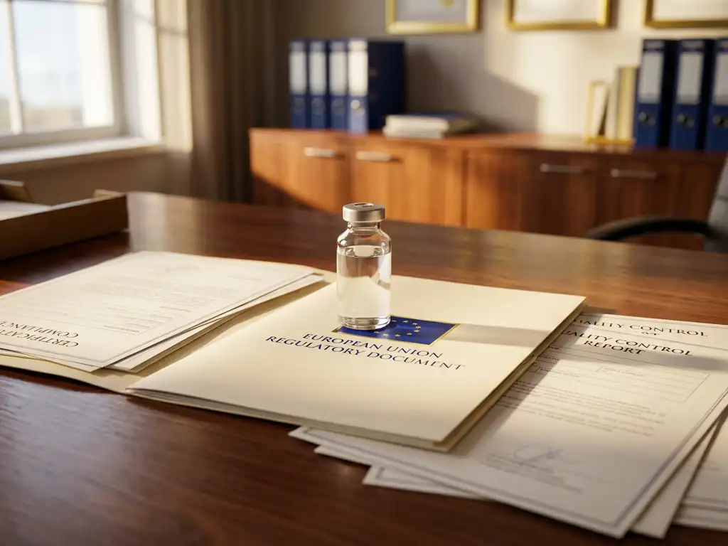 Glass vial with clear pharmaceutical liquid on EU regulatory documents and compliance certificates on mahogany desk