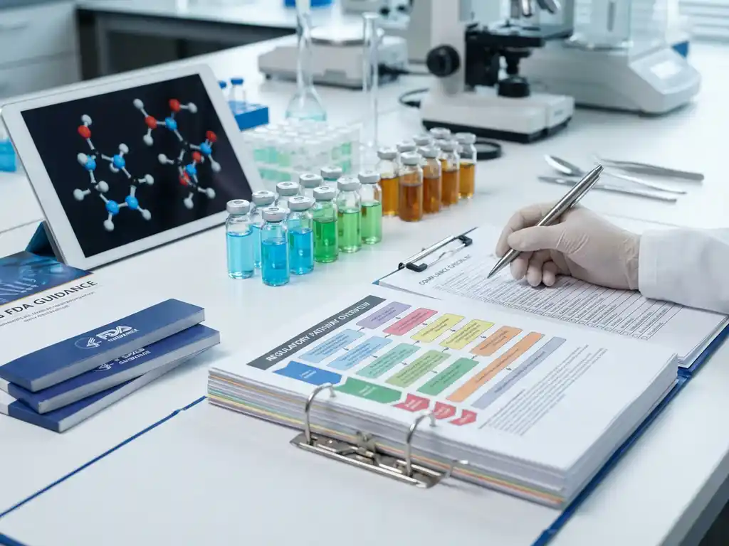Laboratory workbench with regulatory binder, tablet showing molecular structures, pharmaceutical vials, and scientist reviewing compliance documents.