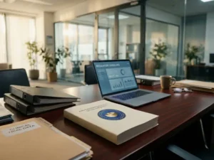 European Medicines Agency regulatory document with official seal on mahogany desk surrounded by clinical trial folders and laptop in pharmaceutical office